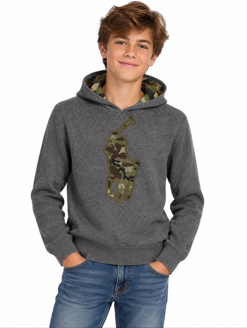 Polo Ralph Lauren Boys L 14-16 Gray Camo Big Pony Hooded Cotton Sweater
